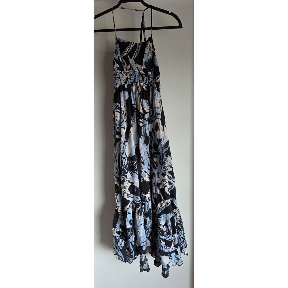 Free People Maxi Dress XS Sleeveless Floral Black Blue White Boho Gown